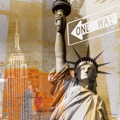 Gery Luger, New York II (Freiheitsstatue, Symbol, New York, USA, Wahrzeichen, Skyline, Wolkenkratzer, Amerika, Jugendzimmer, Wohnzimmer, Treppenhaus, Wunschgröße,  grau / orange)