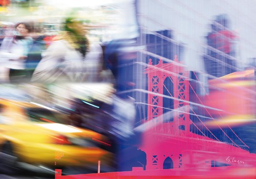 Gery Luger, NY Traffic (New York, Metropole, Fotokunst, gelbes Taxi, Brooklyn Bridge, USA, Amerika, Jugendzimmer, Wohnzimmer, Treppenhaus, Wunschgröße, bunt)