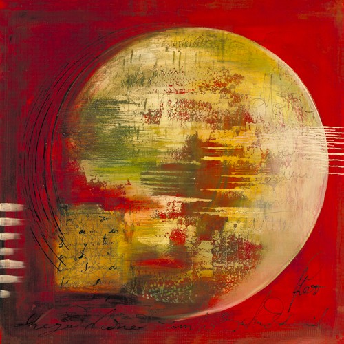 Gemma Leys, Abeja blanca (Wunschgröße, Modern, Abstrakt, Abstrakte Malerei, geometrische Form, Scheibe, Kreis, Kugel, weiße Biene, rot / gelb)