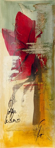 Gemma Leys, Aqui II (Wunschgröße, Modern, Abstrakt, Abstrakte Malerei, Farbflächen, Rose, Blume, Blüte, Blütenblätter, abstrakte Muster, Schrift, bunt)