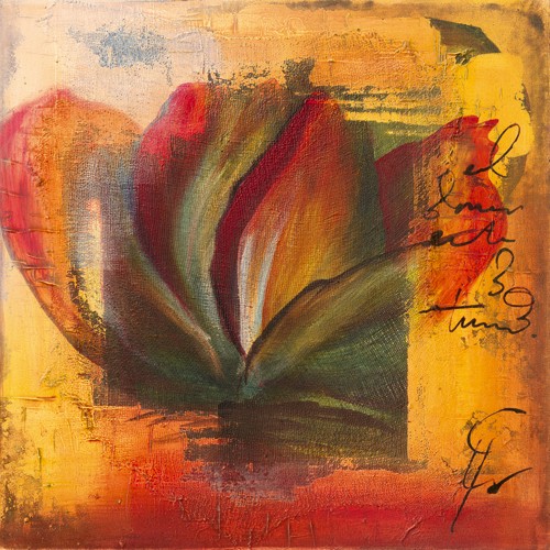 Gemma Leys, El Amor I (Wunschgröße, Modern, Abstrakt, Abstrakte Malerei, Blume, Blüte, Rose, Blütenblätter, Schrift, bunt)