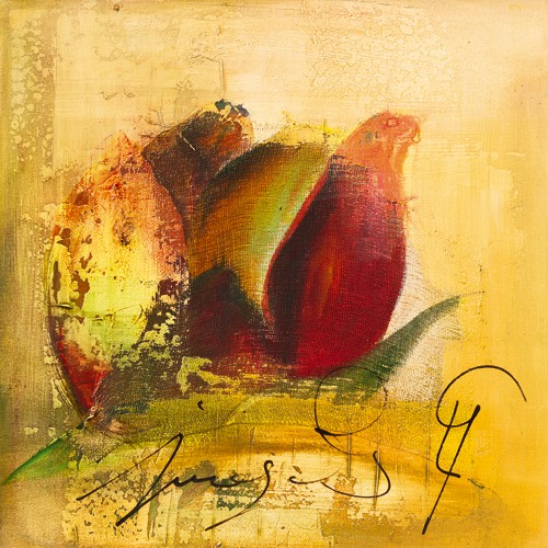 Gemma Leys, Juegas I (Wunschgröße, Modern, Abstrakt, Abstrakte Malerei, Blume, Blüte, Rose,  Schrift, bunt)