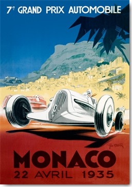 Geo Ham, Monaco, 22. Avril 1935 (Wunschgröße, Plakatkunst, Autorennen, 1935, Grand Prix automobile, Rennwagen, Rennsport, Nostalgie, Berge, Treppenhaus, bunt)