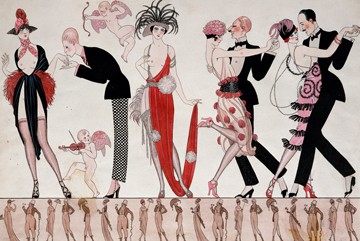 Georges Barbier, Tango (Art Deco, Kostüme, Damen, Herren, Federboa, Kopfschmuck, Tanz, Wunschgröße, Cupido, Amor, freizügig, witzig,  Treppenhaus, Wohnzimmer, bunt)