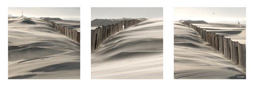 Georges-Félix Cohen, Sand Wind (Meeresbrise, Düne, Sand, Polder, Wind, Nahaufnahme, Sand, Badezimmer, Treppenhaus, Wunschgröße, Fotografie, Triptychon, grau/beige)