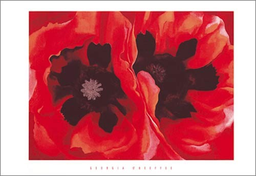 Georgia O'KEEFFE, Oriental poppies, 1928 (Büttenpapier) (Blume, Pflanze, Mohnblumen, Blüten,  Botanik, modern, Treppenhaus, Wohnzimmer, Malerei, rot, bunt)