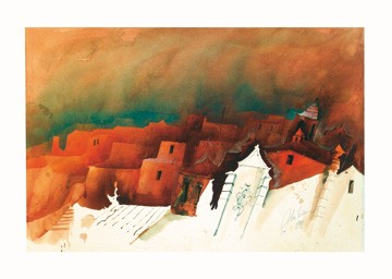 Gerhard Almbauer, Algarve Olhao (Dorf, Architektur, Gebäude, Häuser, Portugal, moderne Malerei, Wohnzimmer, Treppenhaus, bunt)