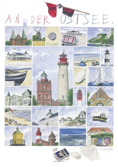 Sabine Gerke, An der Ostsee (Meeresbrise, Modern, Illustration, Plakatkunst, Gebäude, Leuchtturm, Wahrzeichen, Treppenhaus, Wohnzimmer, Grafik, bunt)