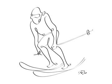 Gholam Reza Mahdavi  Skier (Skiläufer, Abfahrt, Ski alpin, Sport, Wintersport, figurativ, kalligrafisch, Wunschgröße, Zeichnung, Schnörkel, Modern, Wohnzimmer, schwarz / weiß)