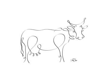 Gholam Reza Mahdavi, Cow (Kuh, Rind, Vieh, Nutztier,  Zeichnung, kalligrafisch, Schnörkel, Wohnzimmer, Treppenhaus, Wunschgröße, modern, schwarz / weiß)