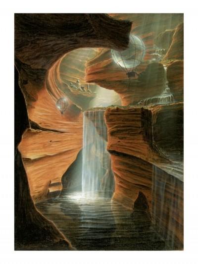 Kay Gilgenast, Ausflug (Moderner Surrealismus, Landschaft, Wasser, Wasserfall, Felsen, Schlucht, Ballon)