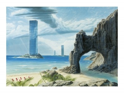Kay Gilgenast, Terra Forming (Moderner Surrealismus, Landschaft, Meeresbrise, Strand, Felsen, Insel, Gebäude, Hochhaus)
