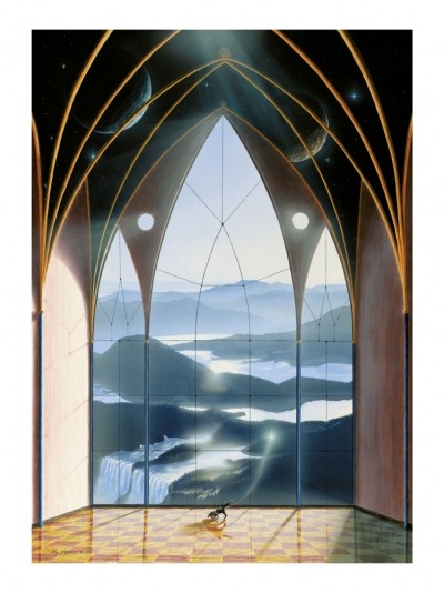 Kay Gilgenast, Traumtänzer (Moderner Surrealismus, Landschaft, Wasser, Wasserfall, Felsen, Gebäude, Fenster, Kirchenfenster)