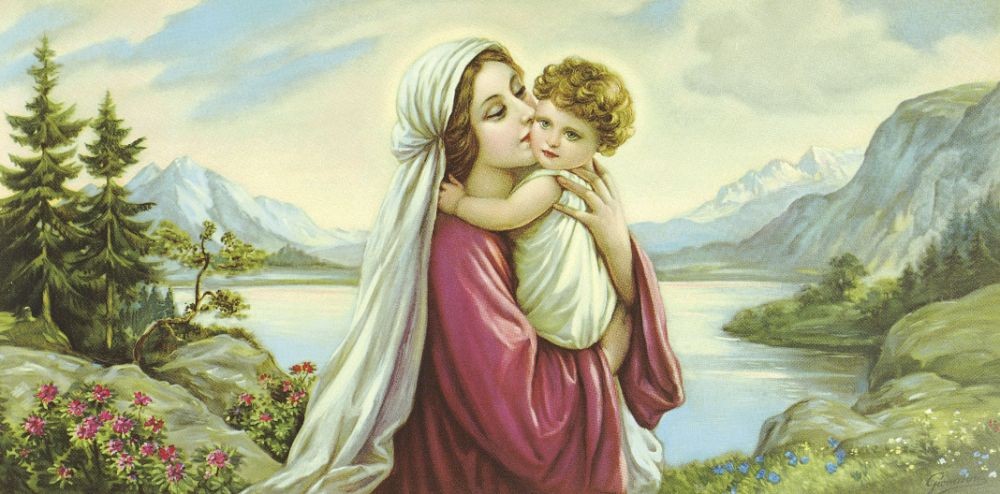 Giovanni, Untitled (Maria, Jesus, Mutter, Kind, Mutterliebe, religiös, Schlafzimmer, Wohnzimmer, Handtuchbild, bunt)
