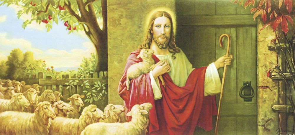 Giovanni, Untitled (Jesus, Lamm, Schafe, Herde, Symbol,  religiös, Schlafzimmer, Wohnzimmer, Handtuchbild, bunt)