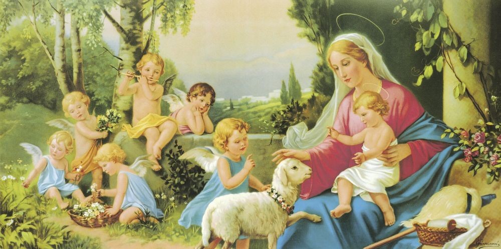 Giovanni, Untitled (Maria, Jesuskind, Mutterliebe, Engel, Lamm, Picknick, religiös, Schlafzimmer, Wohnzimmer, Handtuchbild, bunt)