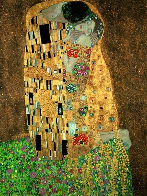 Gustav Klimt, Der Kuss (Klassische Moderne, dekorativ, Jugendstil, Eros&People, Frau, Mann, Umarmung, Erotik, Ornamente, geometrische Formen, bunt, Wohnzimmer, Treppenhaus, Schlafzimmer, Malerei)