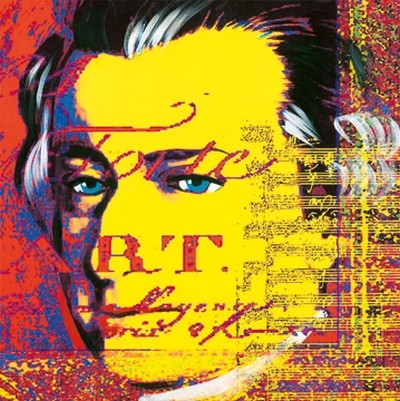Günter Edlinger, Mozart 2 (Modern, Pop/Op Art, Mozart, Komponist, Portrait, Wunschgröße, Persönlichkeiten,  Wohnzimmer, Jugendzimmer, neonfarben, bunt)