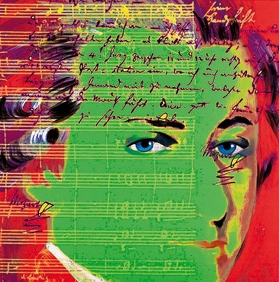 Günter Edlinger, Mozart 4 (Modern, Pop/Op Art, Mozart, Komponist, Portrait, Wunschgröße, Persönlichkeiten,  Wohnzimmer, Jugendzimmer, neonfarben, bunt)