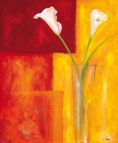 Günter Gohn, Callas auf warmem Rot (Calla, Blumen, Blüten, Vase, Stillleben, Farbfelder, abstrakte Malerei, modern, Treppenhaus, Wohnzimmer, Wunschgröße, bunt)