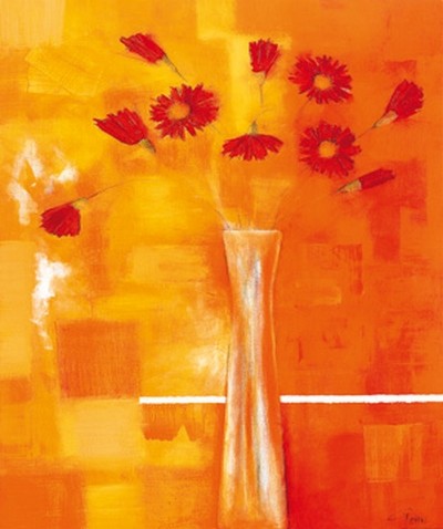 Günter Gohn, Rote Gerbera (Gerbera, Blumen, Blüten, Vase, Stillleben, Farbfelder, abstrakte Malerei, modern, Treppenhaus, Wohnzimmer, Wunschgröße, bunt)