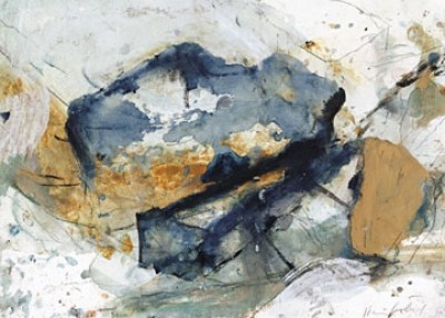 Heinz Göbel, Schwebender Fels (Abstrakte Malerei, Modern, Abstrakte Kunst, Steine, steinig, Wohnzimmer, Büro, Business, grau/blau/gold)
