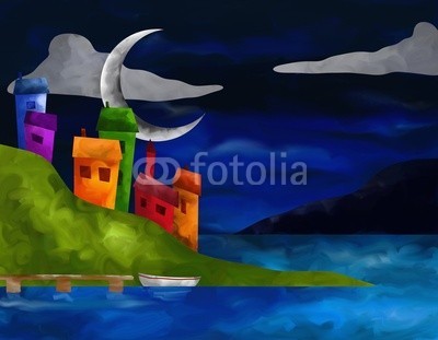 goccedicolore, isola sul mare (insel, staat, haus, meer, kai, kÃ¼ste, boot, zeichnung, traum, luna, halb, nacht, himmel, wolken, postkarte, weiler, dorf, landschaft, kirche, hintergrund, farb, welt, bei, mit, un)