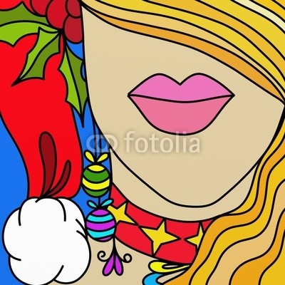 goccedicolore, ragazza natalizia (abstrakt, weihnachten, mÃ¤dchen, lippen, hut, bei, weihnachtsmann, saint, party, dekoration, postkarte, blond, haare, dekoration, ball, ball, rot, zeichnung, traum, attraktiv, lippenstift, makeup, zeichnung, stechpalm)