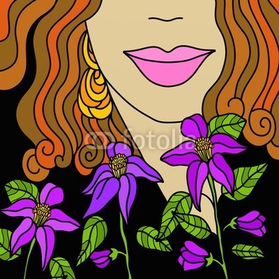 goccedicolore, viso con fiori viola (haare, braun, gesicht, abstrakt, weiblich, hairstyle, blume, blume, lila, rose, traum, ausreisen, natur, ohrring, schÃ¶nheit, vorstellung, bunt, postkarte, lippenstift, mund, lippen, lÃ¤chelnd, makeup, attraktiv, haare, hÃ¤ngend, hintergrund, bilde)