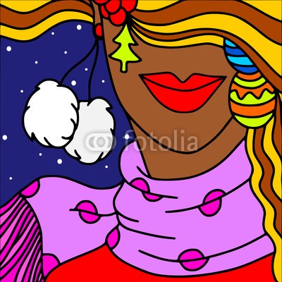 goccedicolore, viso natalizio (gesicht, weihnachten, weiblich, gesicht, lippenstift, christbaum, vektor, hintergrund, karte, postkarte, prÃ¤sent, ball, scarf, winter, kalt, schnee, flocke, kugel, dekoration, welle, vermissen, dekoration, ball, blond, vorabend, party, person, weihnachte)