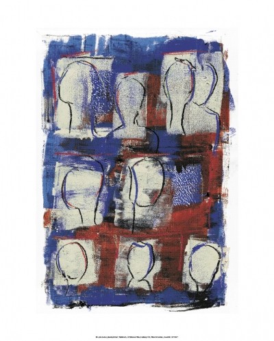 Goebel Sylvia, Meeting In Blue (Abstrakte Malerei, Abstrakte Kunst, figurativ, Köpfe, reduziert, verwischt, diffus,  Wohnzimmer, Büro, Business, blau/bunt)