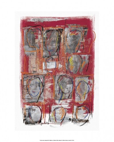 Goebel Sylvia, Meeting In Red (Abstrakte Malerei, Abstrakte Kunst, figurativ, Köpfe, reduziert, verwischt, diffus,  Wohnzimmer, Büro, Business, rot/grau)