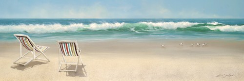 Lin Seslar, View For Two (Strand, Sand, Liegestühle, Meer, Wellen, verlassen, einsam, maritim, Meeresbrise, maritim, Wohnzimmer, Treppenhaus, Badezimmer, Malerei,Wunschgröße, bunt)