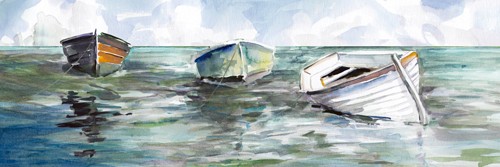 Carol Robinson, Caught at Low Tide I (Boote, Meer, Ebbe, gestrandet, Meeresbrise, Horizont, Wunschgröße, Wohnzimmer, Malerei, bunt)