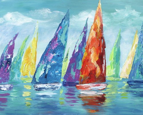 Nan, Fine Day Sailing II (Segelboote, Segeln, Wassersport, Meer, Meeresbrise, modern, Sommer, Licht, Malerei, Wunschgröße, Wohnzimmer, Arztpraxis, bunt)