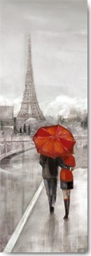 Ruane Manning, Paris Stroll (Wunschgröße, Malerei, Paris, Metropole, Frankreich, Spaziergang, Paar, Liebespaar, Umarmung, Regen, Regenschirm, Wahrzeichen, Eifellturm, Wohnzimmer, grau / rot)
