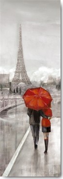 Ruane Manning, Paris Stroll (Wunschgröße, Malerei, Paris, Metropole, Frankreich, Spaziergang, Paar, Liebespaar, Umarmung, Regen, Regenschirm, Wahrzeichen, Eifellturm, Wohnzimmer, grau / rot)