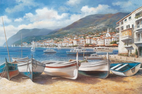 T.C. Chiu, Bella Mattina II (Landschaft, Hafen, Boote, mediterran, Meer, Urlaub, Strand, Italien, Wohnzimmer, Treppenhaus, Esszimmer, Malerei, bunt)