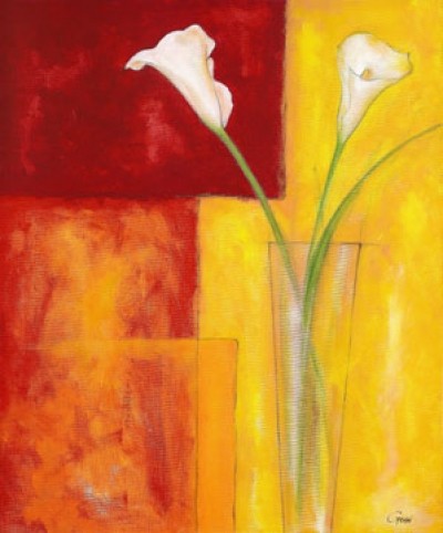 Günter Gohn, Callas auf warmem Rot (Calla, Blumen, Blüten, Vase, Stillleben, Farbfelder, abstrakte Malerei, modern, Treppenhaus, Wohnzimmer, bunt)