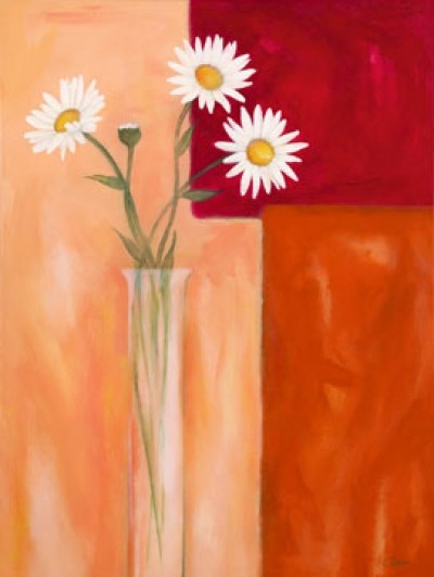 Günter Gohn, Margeriten mit Siena-Braun (Margeriten, Blumen, Blüten, Vase, Stillleben, Farbfelder, abstrakte Malerei, modern, Treppenhaus, Wohnzimmer, bunt)