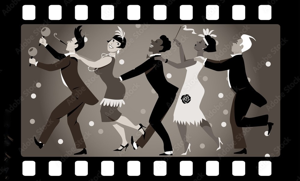  aleutie , Group of people dressed in 1920s fashion dancing in a conga line in an old movie frame