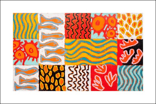 Gordon HOPKINS, Sea Side, 2010  (Modern, Malerei, Abstrakt, Formen, Quadrate, Muster, Pop Art, Fische, Wellen,  bunt)