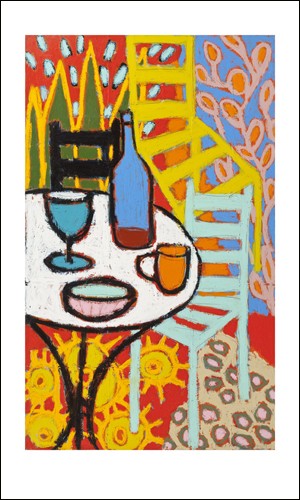 Gordon HOPKINS, Warm Evening, 2009 (Modern, Malerei, moderner Expressionismus, flächig - dekorativ, Stillleben, Tisch, Flasche, Glas, bunt)