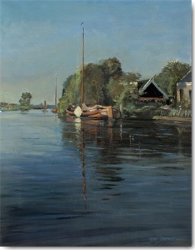 Gosse Koopmans, View on Eastermar (See, Fluss, Segelboot, Ruhe, Idylle, Meeresbrise, Wohnzimmer, Treppenhaus, Malerei, Wunschgröße, bunt)