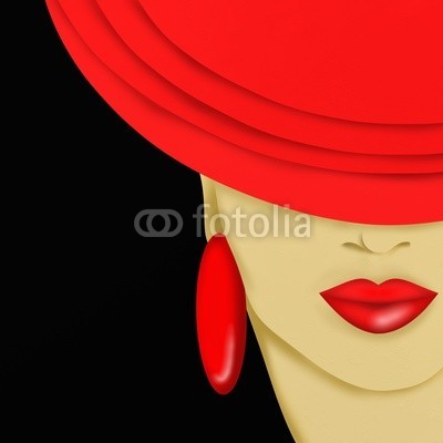 goccedicolore, cappello rosso (Wunschgröße, Grafik, Frau, Frauengesicht, weiblich, Hut, roter Hut, rote Lippen, roter Ohrring, Verführung, Schlafzimmer, Wohnzimmer, Treppenhaus, bunt)