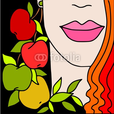goccedicolore, woman and apples (frau, Ã¤pfel, Ã¤pfel, vektor, lippen, makeup, leaf, verfÃ¤rbt, schÃ¶nheit, hintergrund, abbildung, jahreszeit, obst, rot, grÃ¼n, rosa, schwarz, fantasy, abstrakt, und, gestalte)