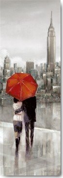 Ruane Manning, New York Stroll (Wunschgröße, Malerei, New York, Metropole, USA, Spaziergang, Paar, Liebespaar, Umarmung, Regen, Regenschirm, Empire State Building, Wohnzimmer, grau / rot)