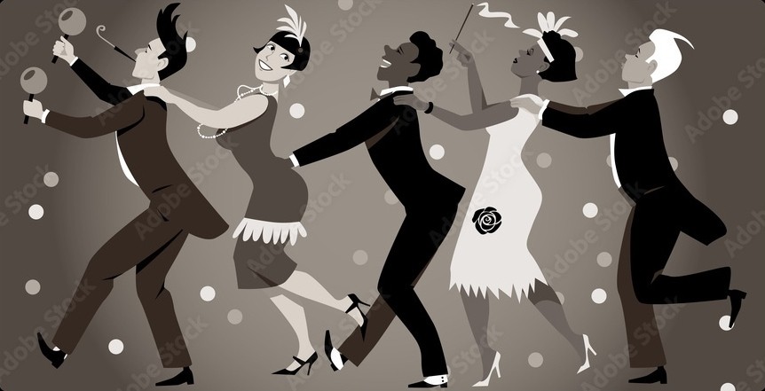  aleutie , Group of people dressed in 1920s fashion dancing in a conga line 