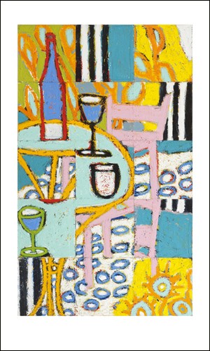 Gordon HOPKINS, Garden Terrace, 2009 (Modern, Malerei, moderner Expressionismus, flächig - dekorativ, Stillleben, Tisch, Flasche, Glas, bunt)