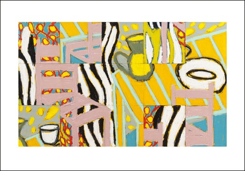 Gordon HOPKINS, Indian Summer, 2009 (Modern, Malerei, abstrakt, flächig - dekorativ, geometrische Muster, Stillleben, Tisch, Krug, Teller, bunt)